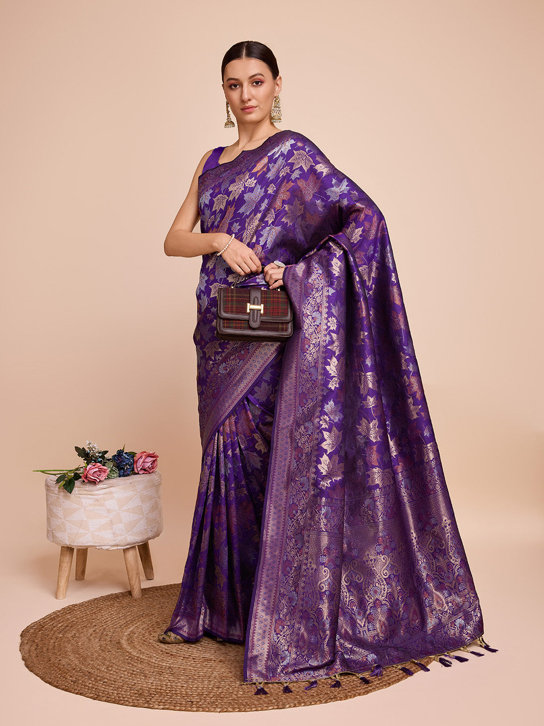 Purple Pure Silk Saree with Double Zari Weaving & Soft Zari Border
