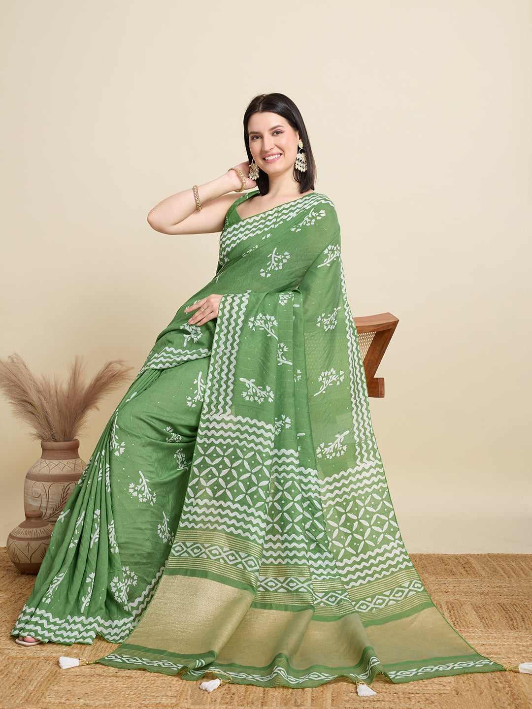 Green Semi-Cotton Sequin Saree – Elegant Choice for Intimate & Grand Weddings