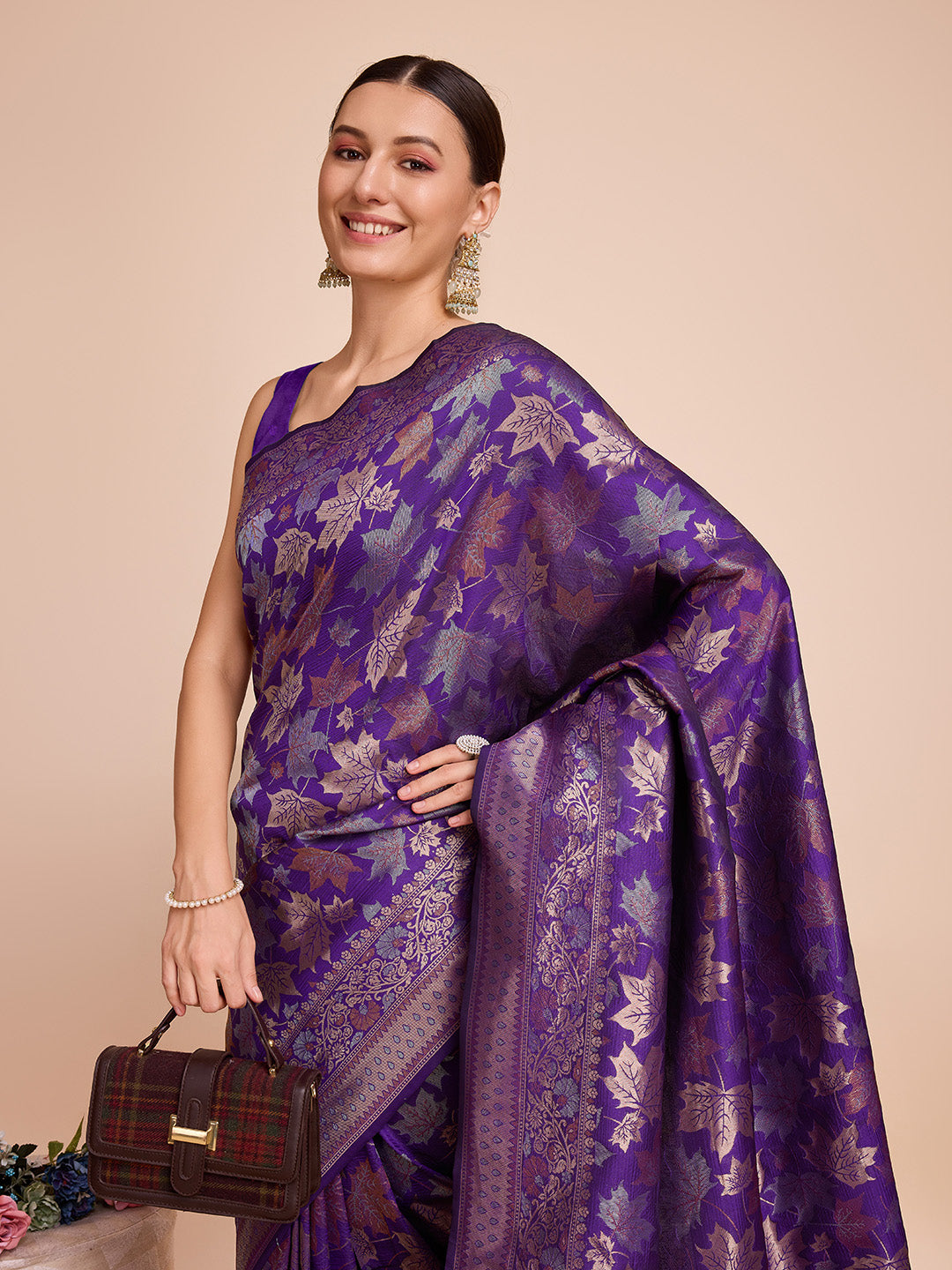 Purple Pure Silk Saree with Double Zari Weaving & Soft Zari Border