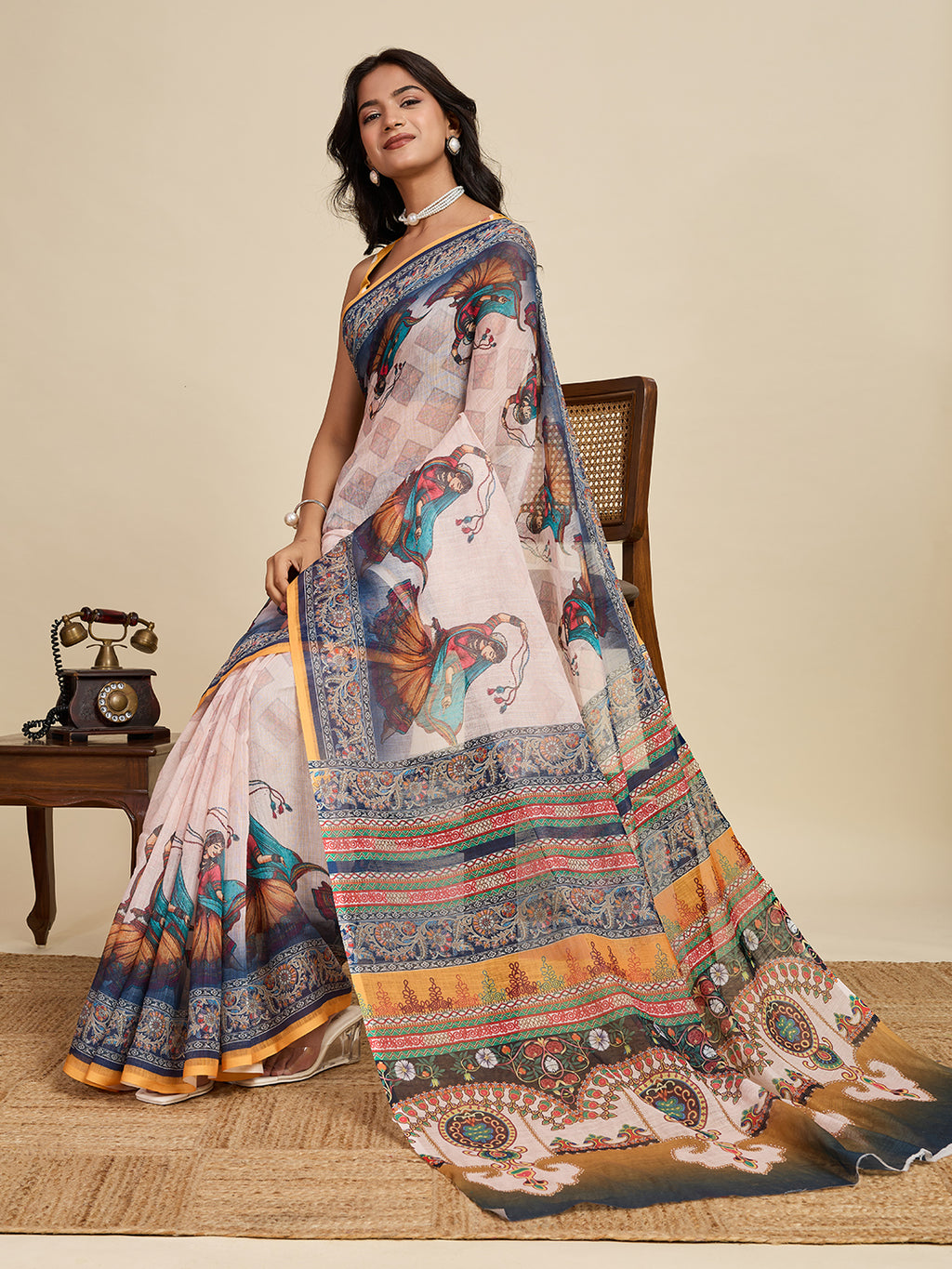 Women's Blue Linen Saree with Jari Border and Blouse – Printed All Over Design