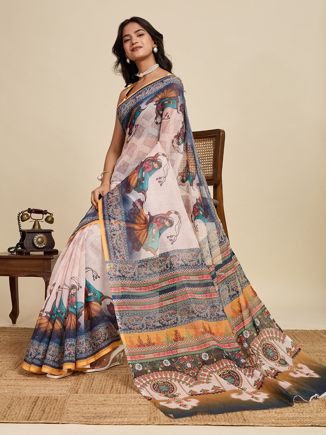 Women's Blue Linen Saree with Jari Border and Blouse – Printed All Over Design