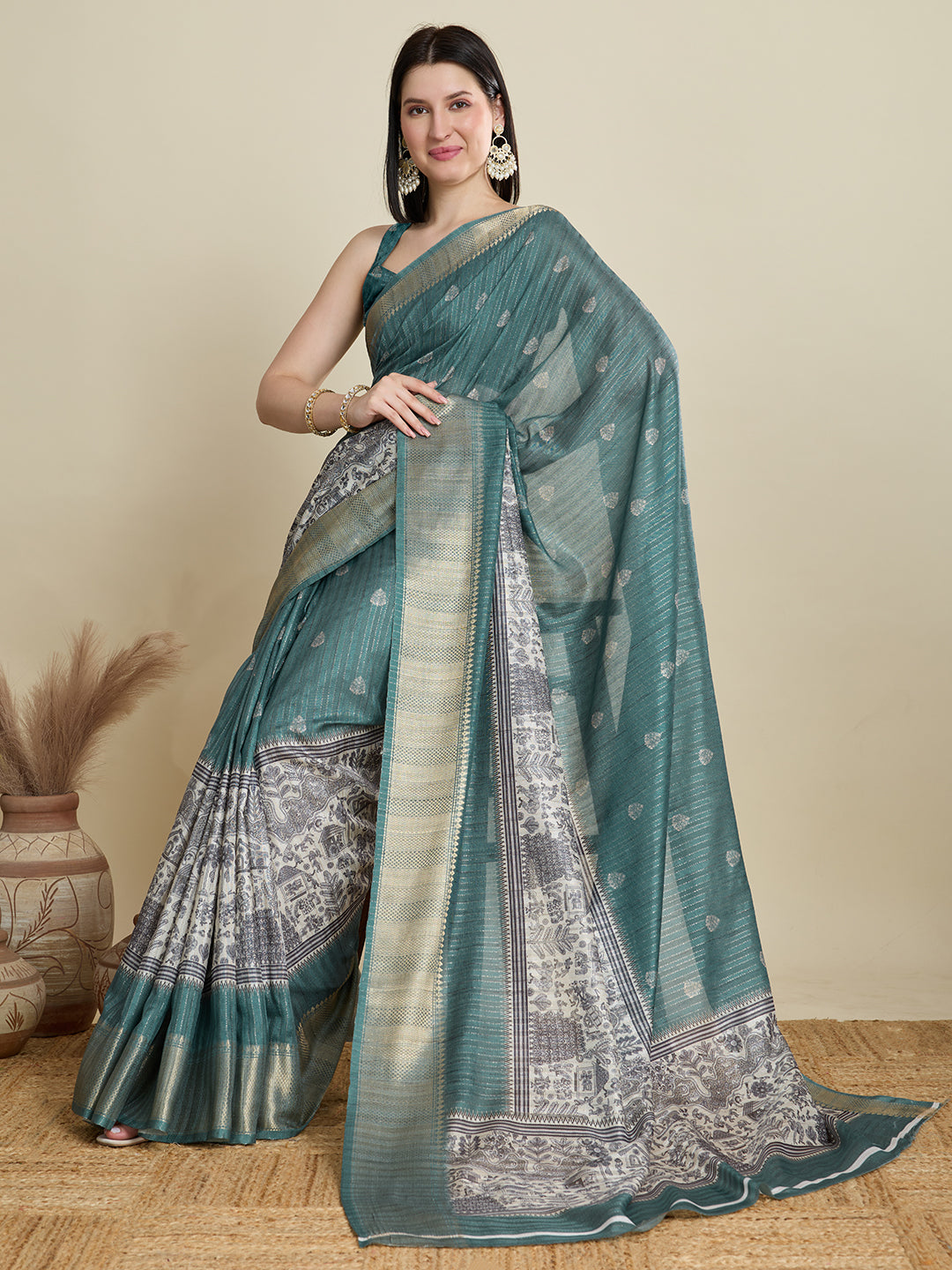 Soft, Breathable & Celebration-Ready: Semi Cotton Rama Green Sarees with Butti & Jacquard Elegance