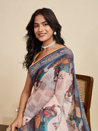 Women's Blue Linen Saree with Jari Border and Blouse – Printed All Over Design