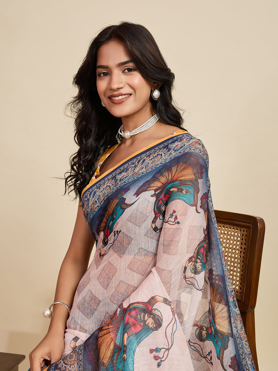Women's Blue Linen Saree with Jari Border and Blouse – Printed All Over Design