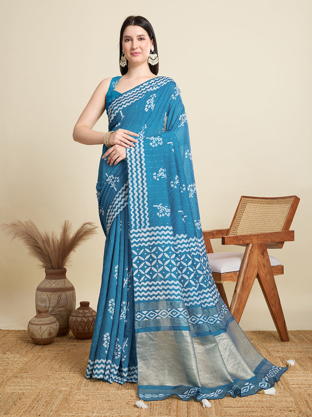 Blue Semi-Cotton Sequin Saree – Elegant Choice for Intimate & Grand Weddings