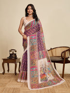 Women's Purple Color Linen Saree with Jari Border and Blouse – Printed All Over Designer