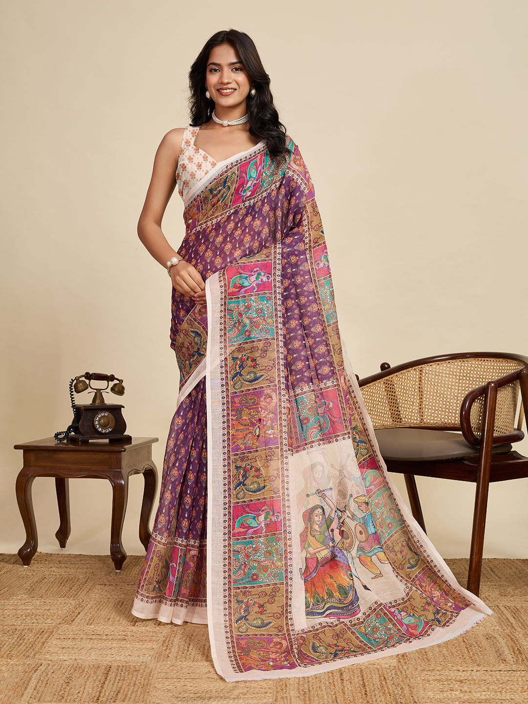 Women's Purple Color Linen Saree with Jari Border and Blouse – Printed All Over Designer