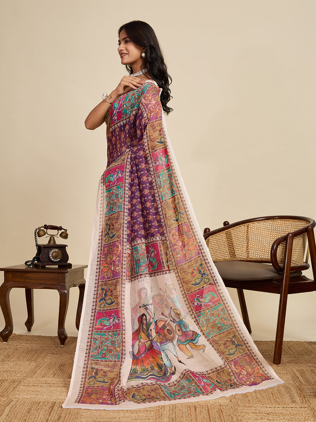 Women's Purple Color Linen Saree with Jari Border and Blouse – Printed All Over Designer