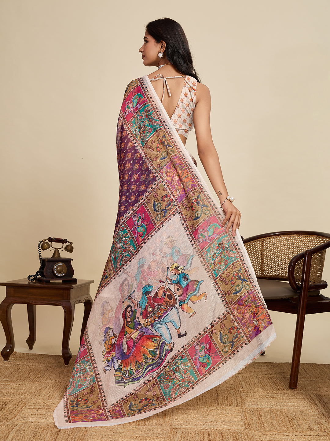 Women's Purple Color Linen Saree with Jari Border and Blouse – Printed All Over Designer