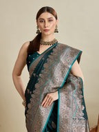 Soft Satin Silk Green Saree with Rich Zari Motifs, Contrast Border & Elegant Blouse