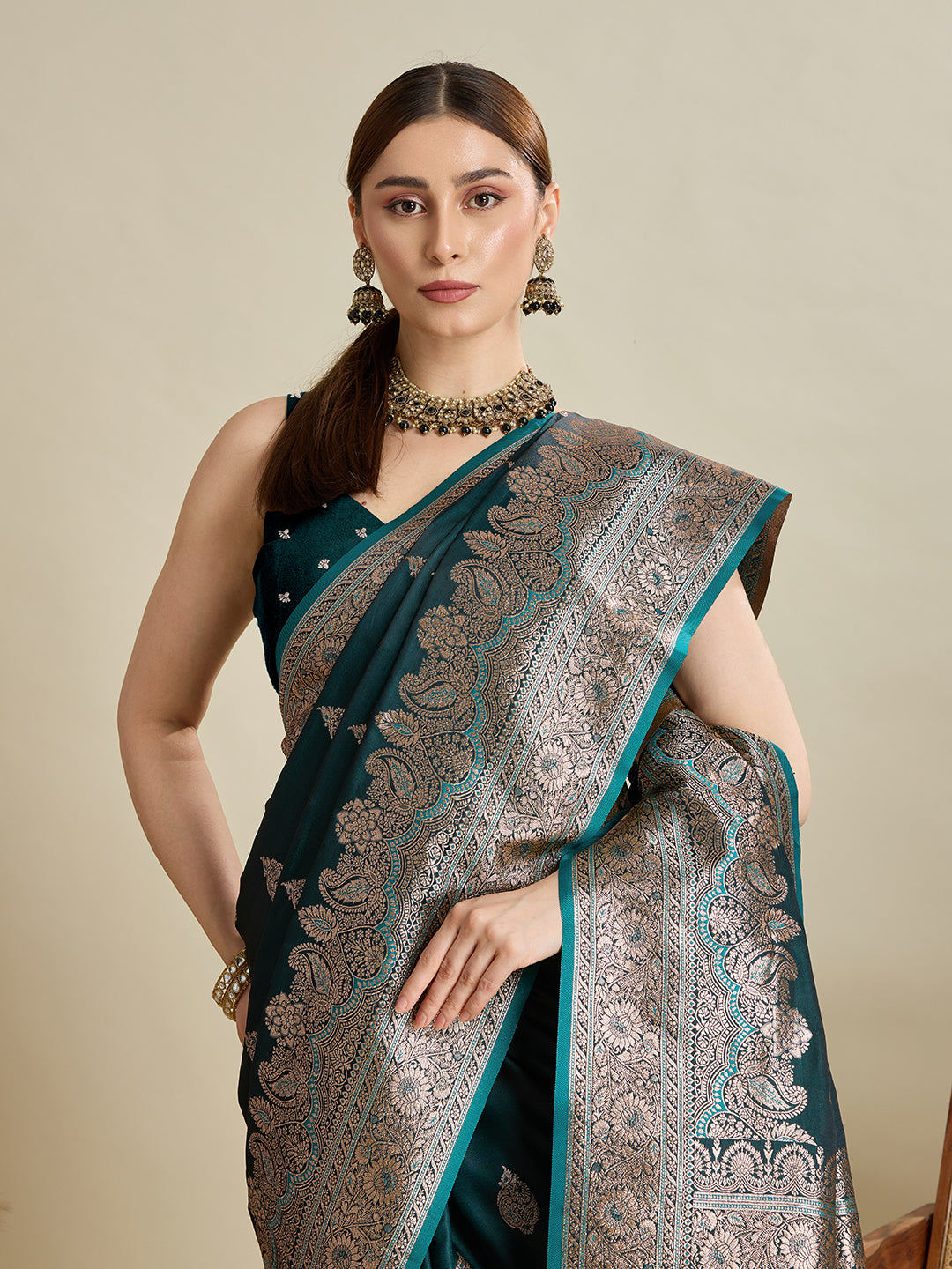Soft Satin Silk Green Saree with Rich Zari Motifs, Contrast Border & Elegant Blouse