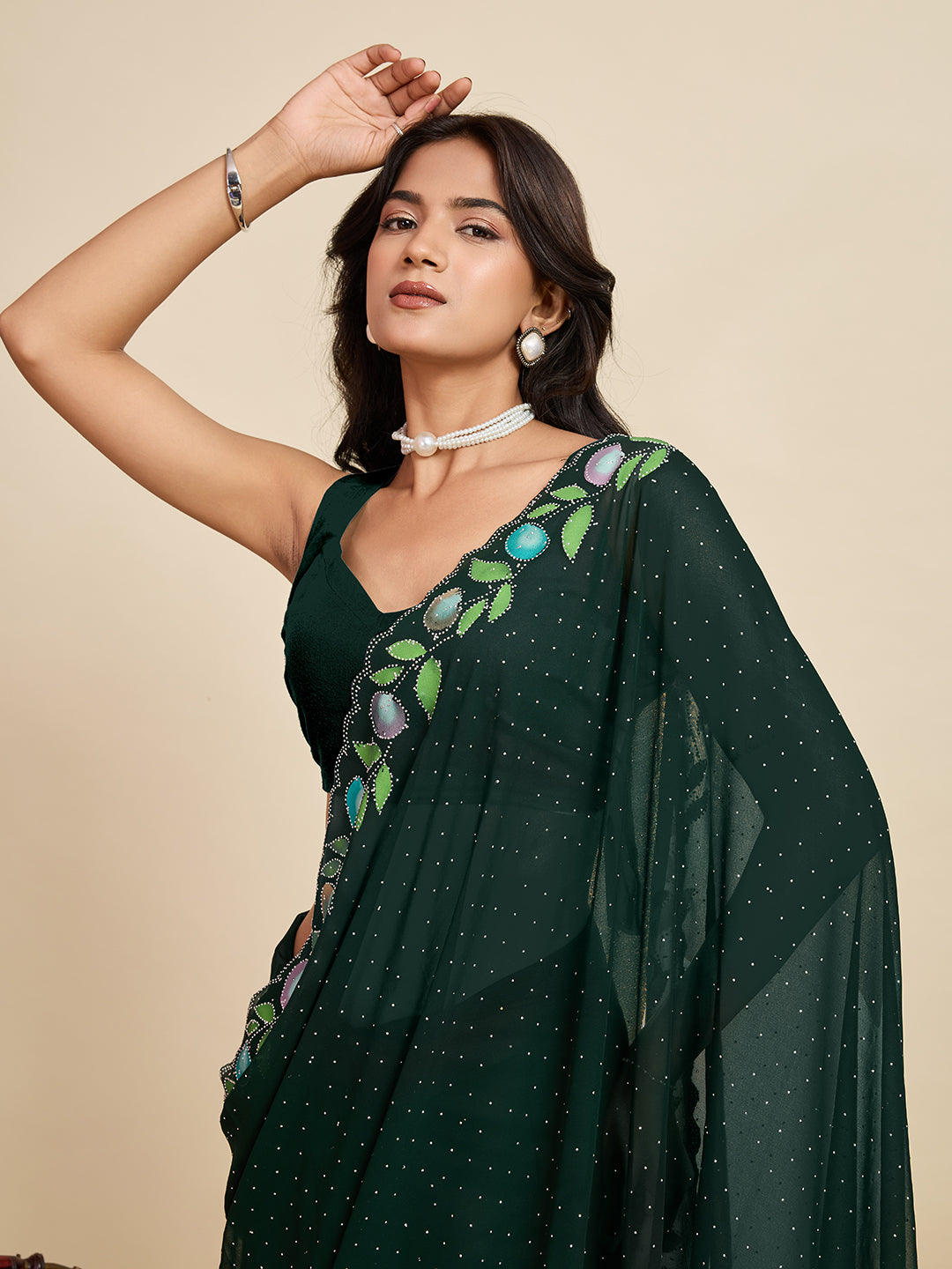Green Georgette Soft Silk Saree with Floral Brush Print & Intricate Border – Elegant Pastel Saree for Festive & Daily Wear