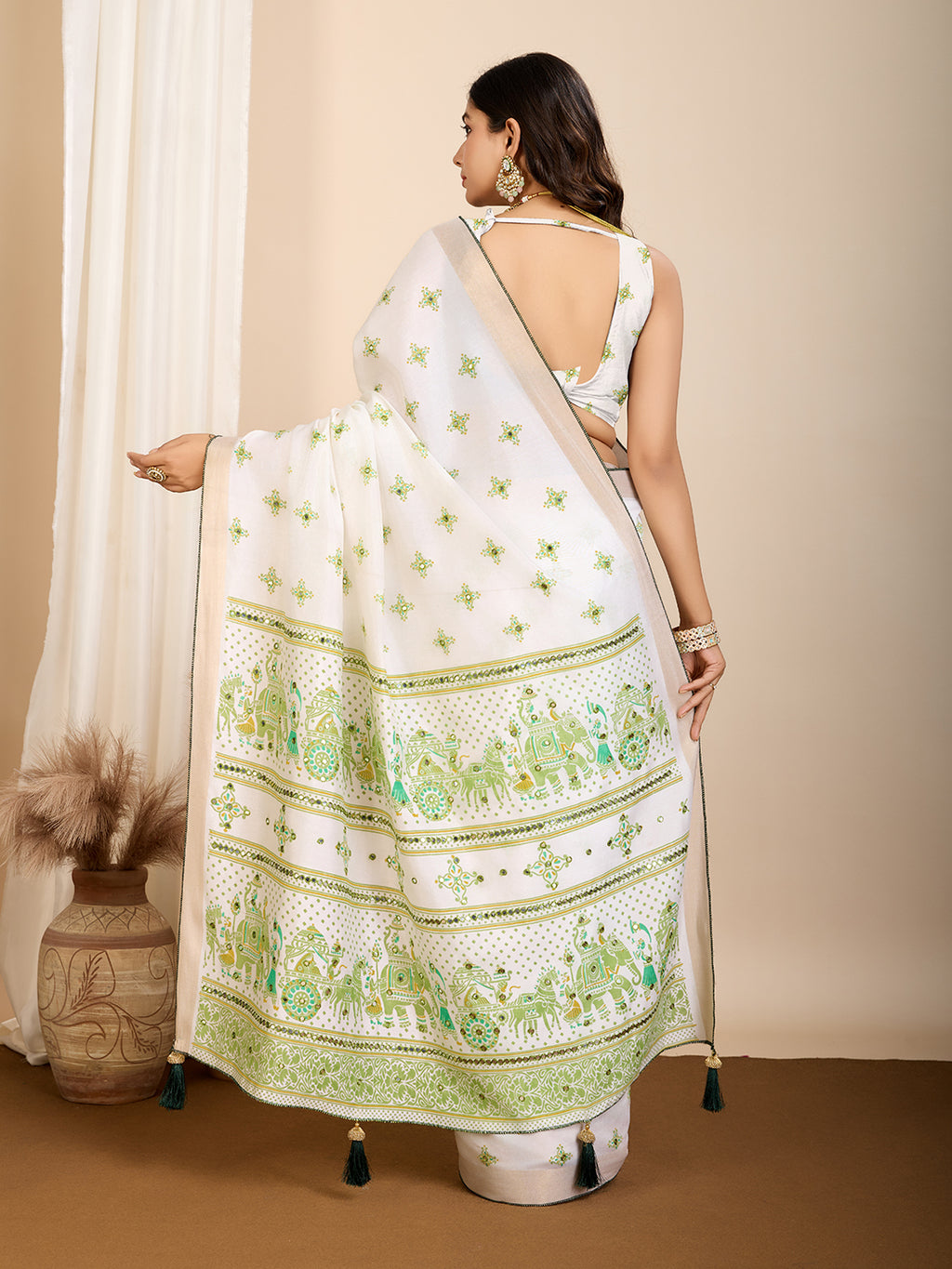 Pista Semi-Cotton Saree with Zari Border – Soft, Traditional & Elegant