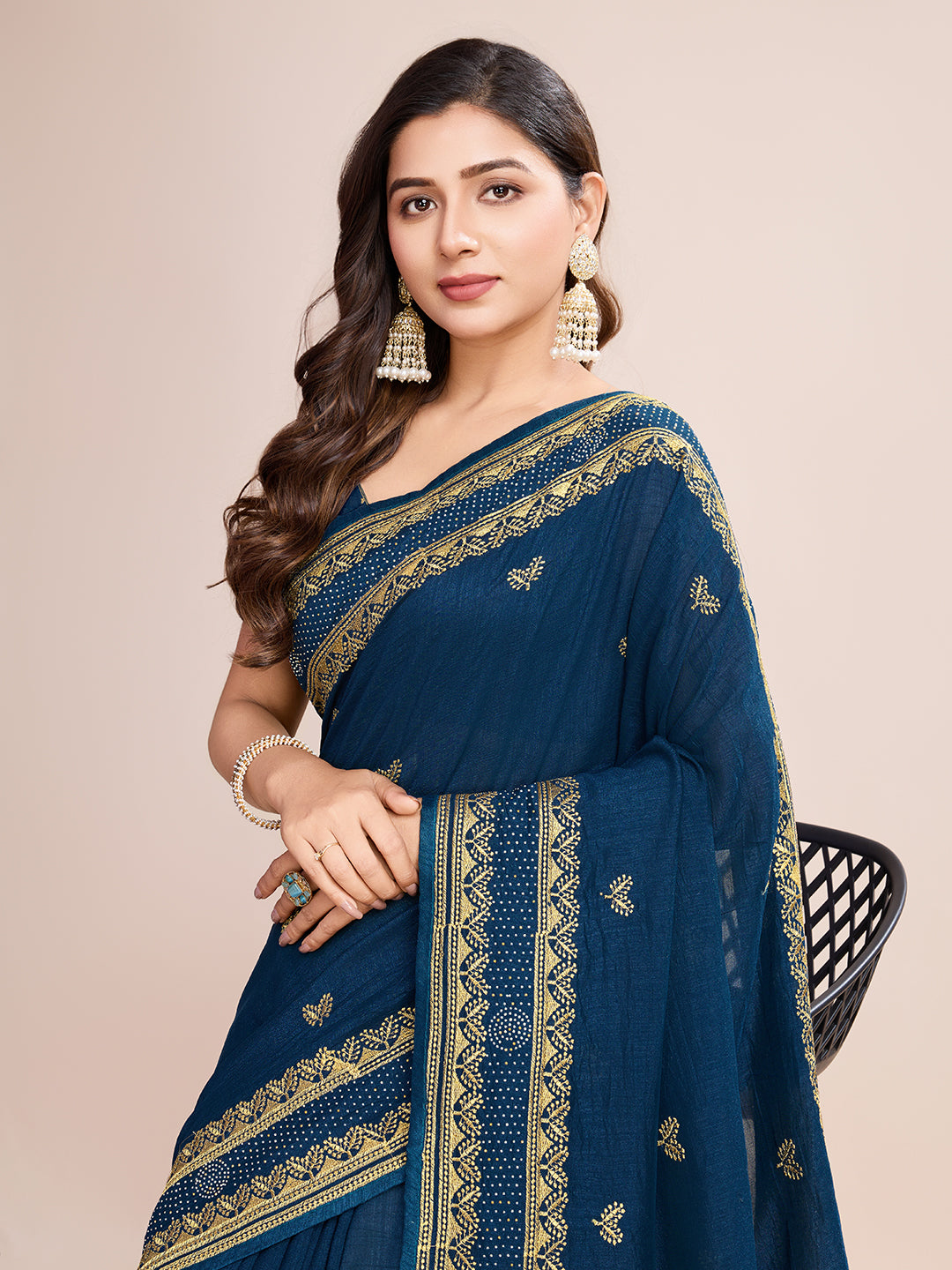 Soft Vichitra Silk Navy Blue  Saree with Intricate Multicolor Floral Work & Coordinated Embroidered