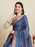Soft, Breathable & Celebration-Ready: Semi Cotton Blue Sarees with Butti & Jacquard Elegance