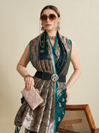 Soft Satin Silk Rama Green Saree with Rich Zari Motifs, Contrast Border & Elegant Blouse