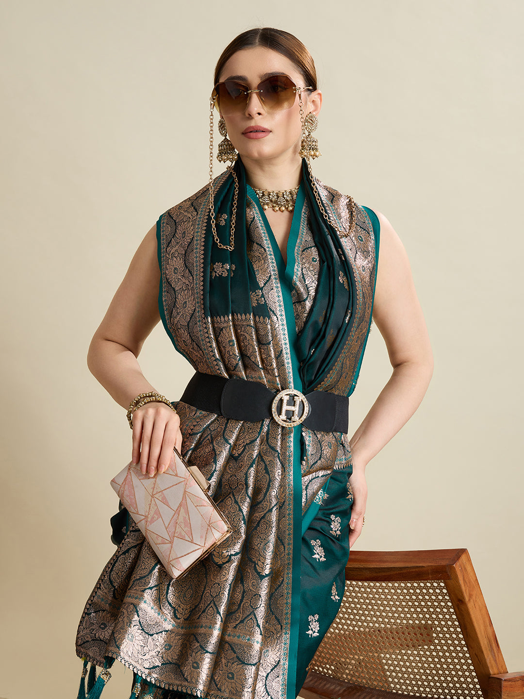 Soft Satin Silk Rama Green Saree with Rich Zari Motifs, Contrast Border & Elegant Blouse