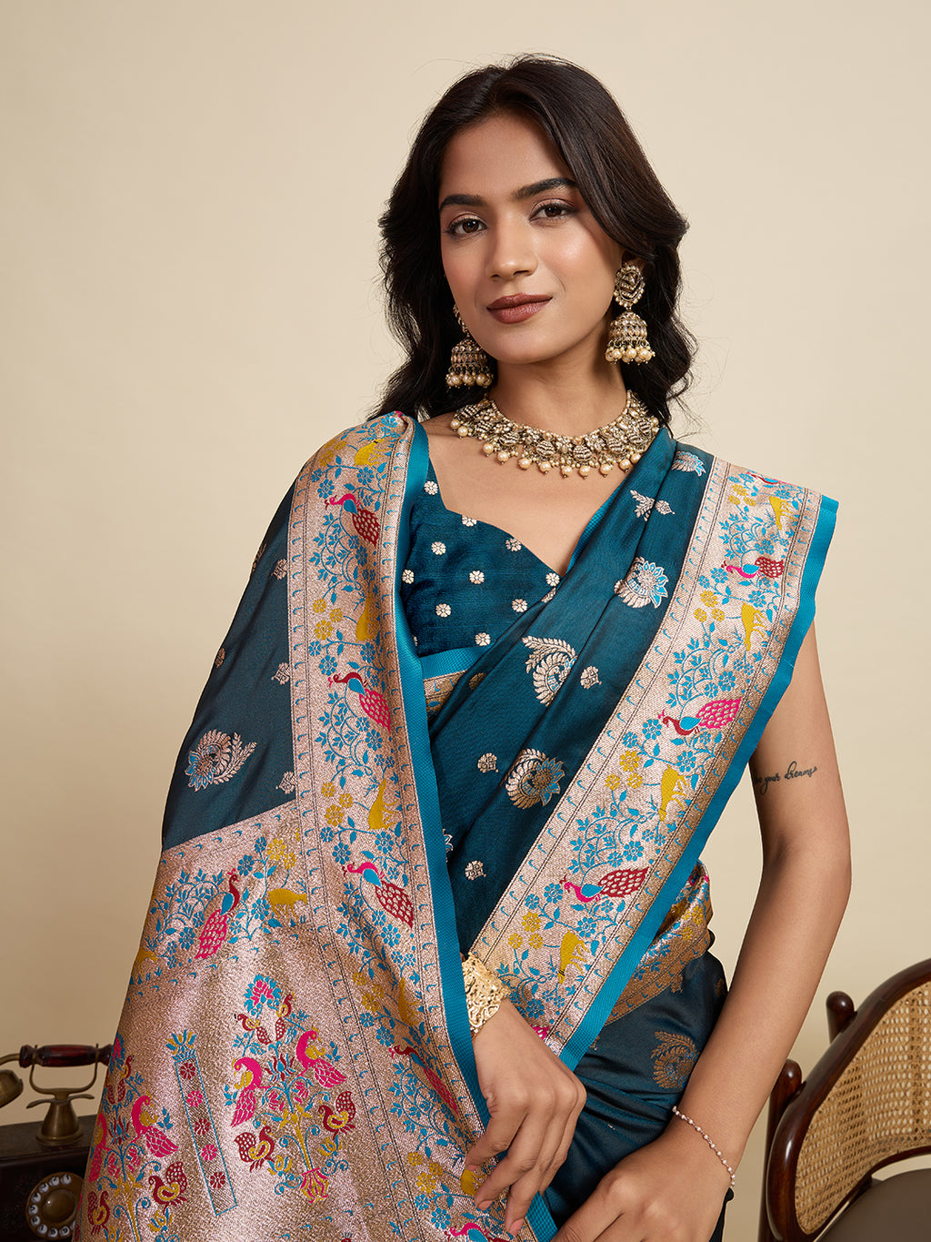 Blue Soft Silk Saree in Premium Two-Tone Satin with Paithani Design, Rich Zari Pallu & Contrast Mina Border