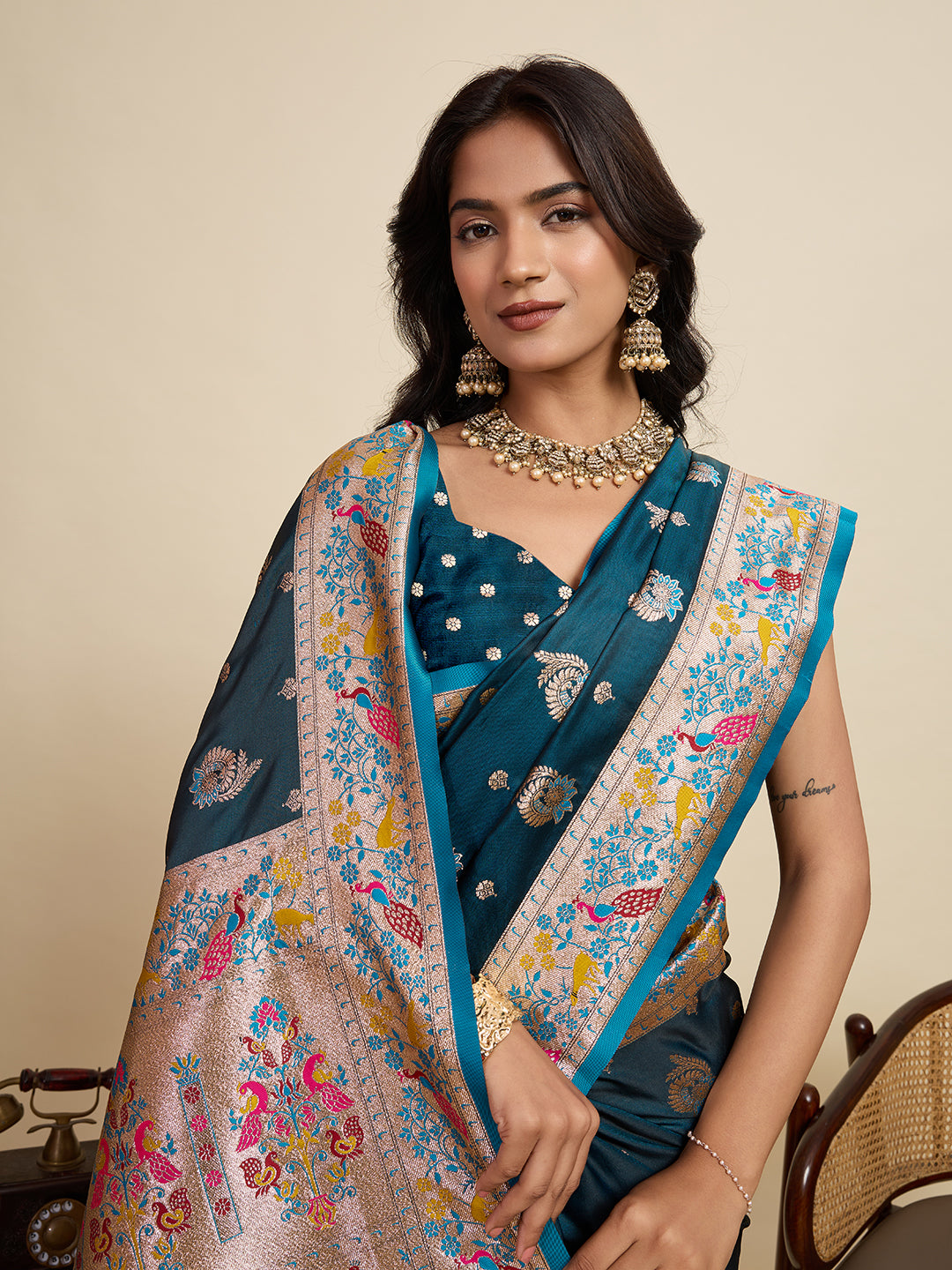 Blue Soft Silk Saree in Premium Two-Tone Satin with Paithani Design, Rich Zari Pallu & Contrast Mina Border