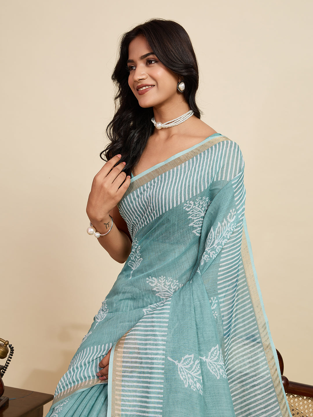 Women's Teal Color Linen Saree with Jari Border and Blouse – Printed All Over Designer