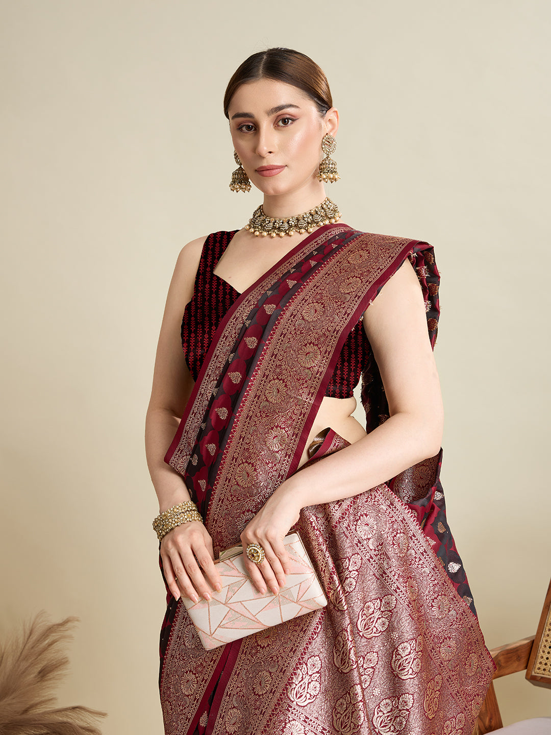 Soft Satin Silk Maroon Saree with Rich Zari Motifs, Contrast Border & Elegant Blouse