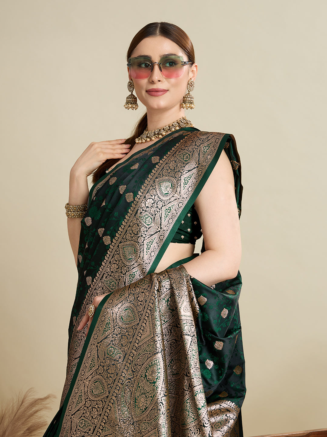 Soft Satin Silk Blue Saree with Rich Zari Motifs, Contrast Border & Elegant Blouse