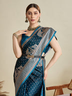 Soft Satin Silk Blue Saree with Rich Zari Motifs, Contrast Border & Elegant Blouse