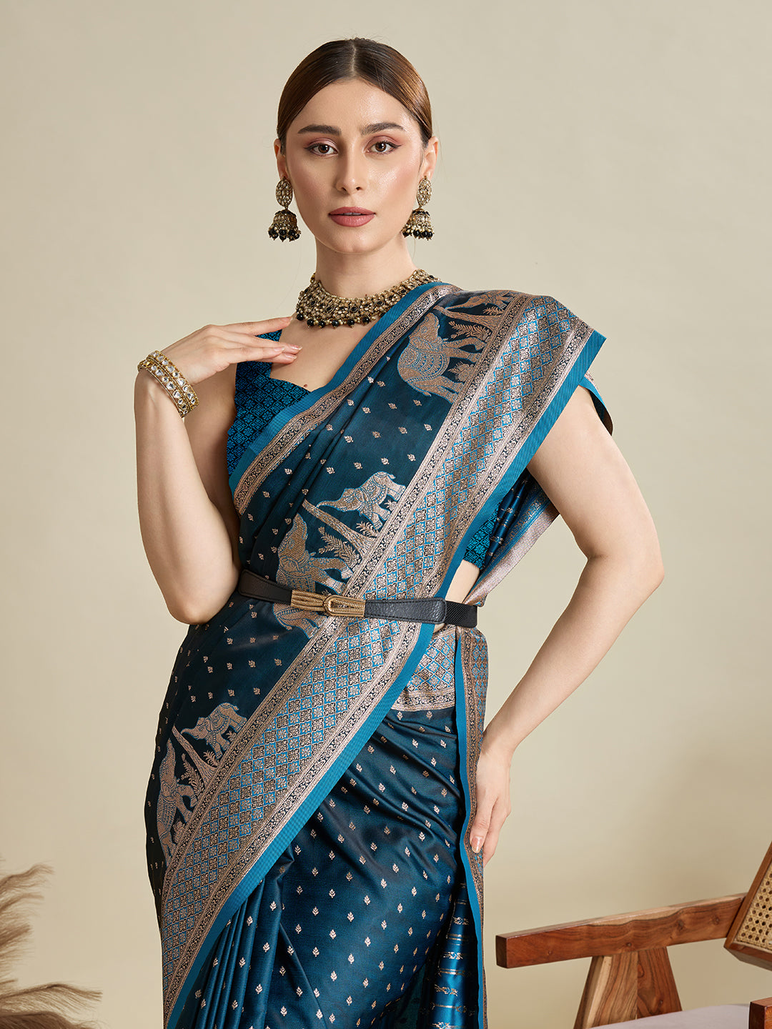 Soft Satin Silk Blue Saree with Rich Zari Motifs, Contrast Border & Elegant Blouse