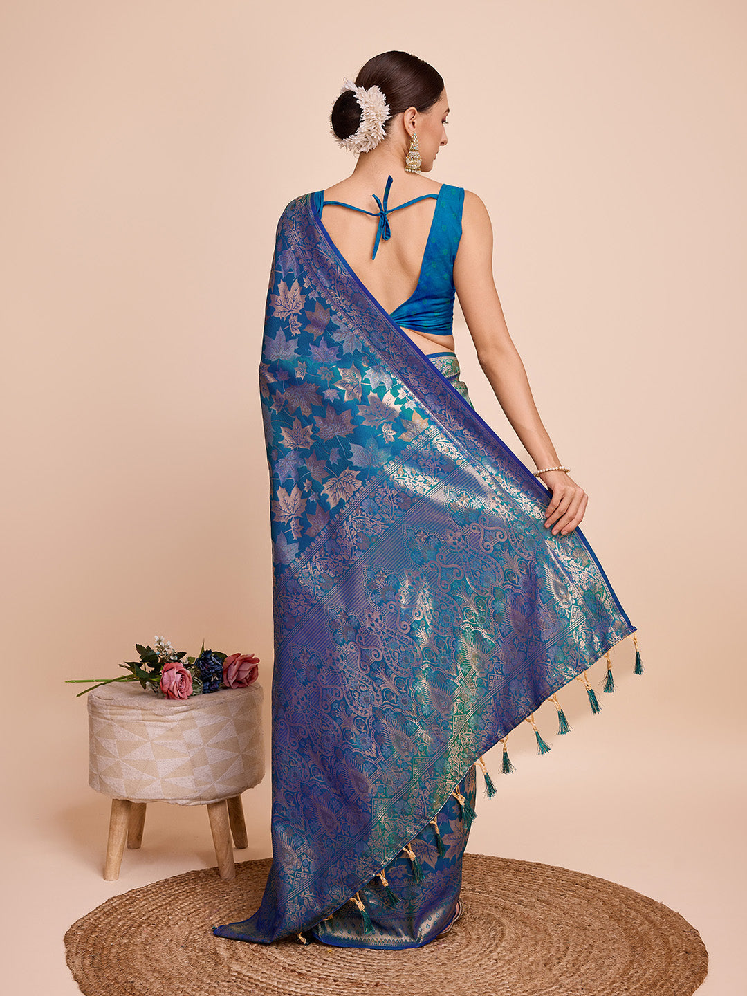 Blue Pure Silk Saree – Double Zari Weaving with Soft Zari Border & Gold/Copper Contrast