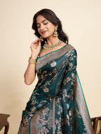 Premium Teal Two-Tone Satin Soft Silk Saree with All Over Zari Work & Contrast Woven Border
