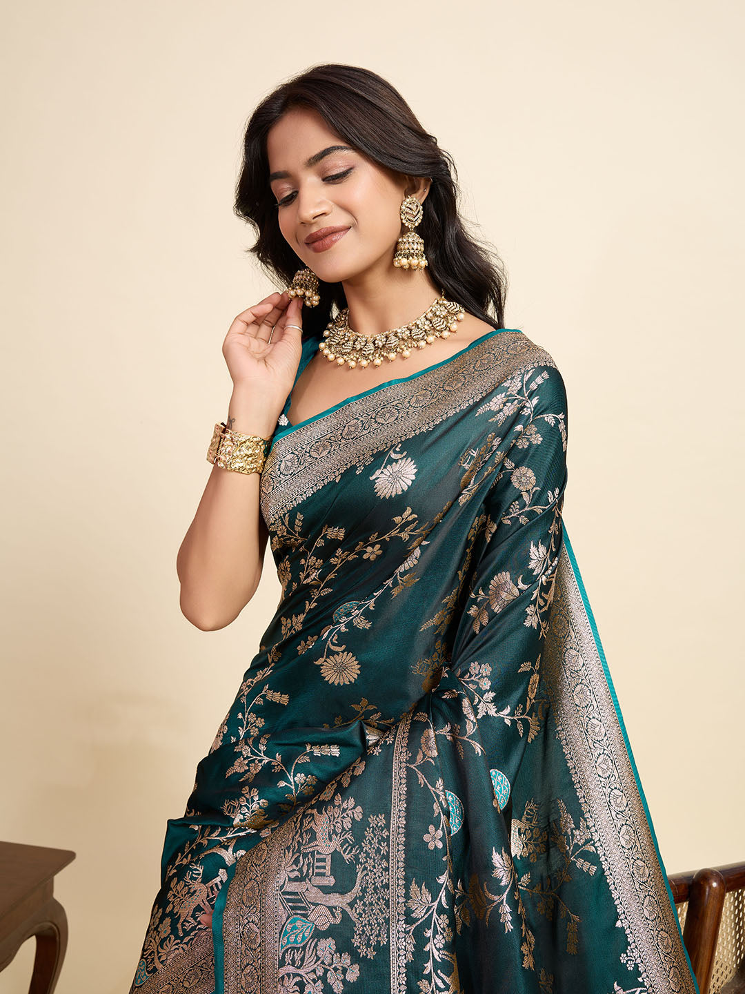 Premium Teal Two-Tone Satin Soft Silk Saree with All Over Zari Work & Contrast Woven Border