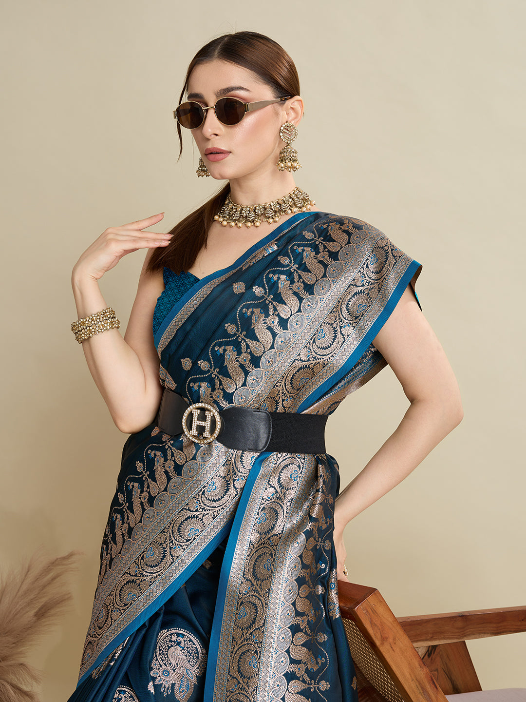 Soft Satin Silk Tourquise Blue Saree with Rich Zari Motifs, Contrast Border & Elegant Blouse