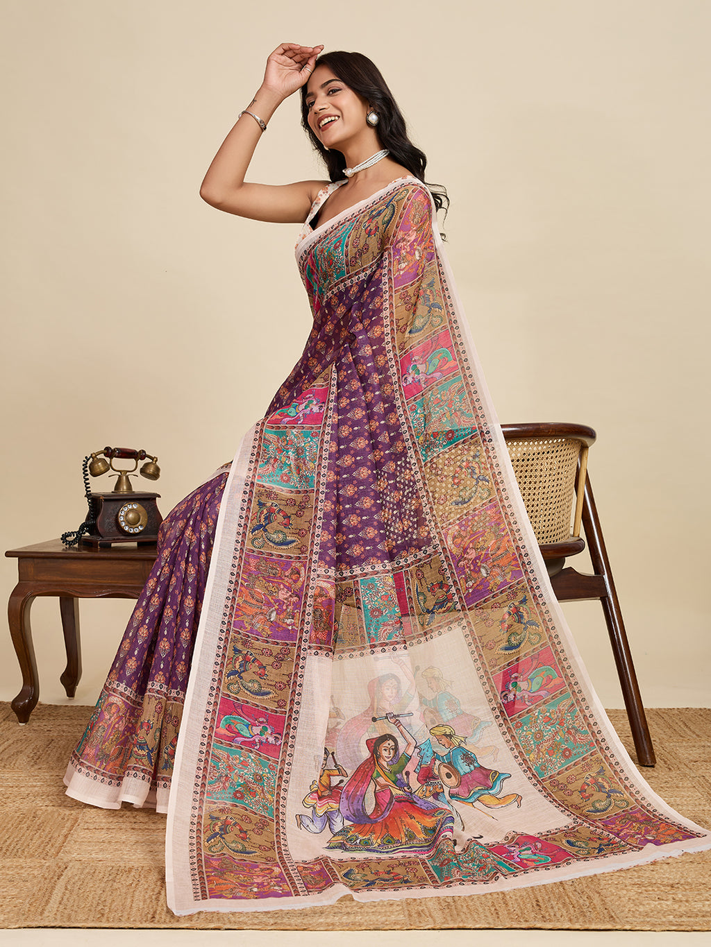 Women's Purple Color Linen Saree with Jari Border and Blouse – Printed All Over Designer