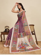 Women's Purple Color Linen Saree with Jari Border and Blouse – Printed All Over Designer