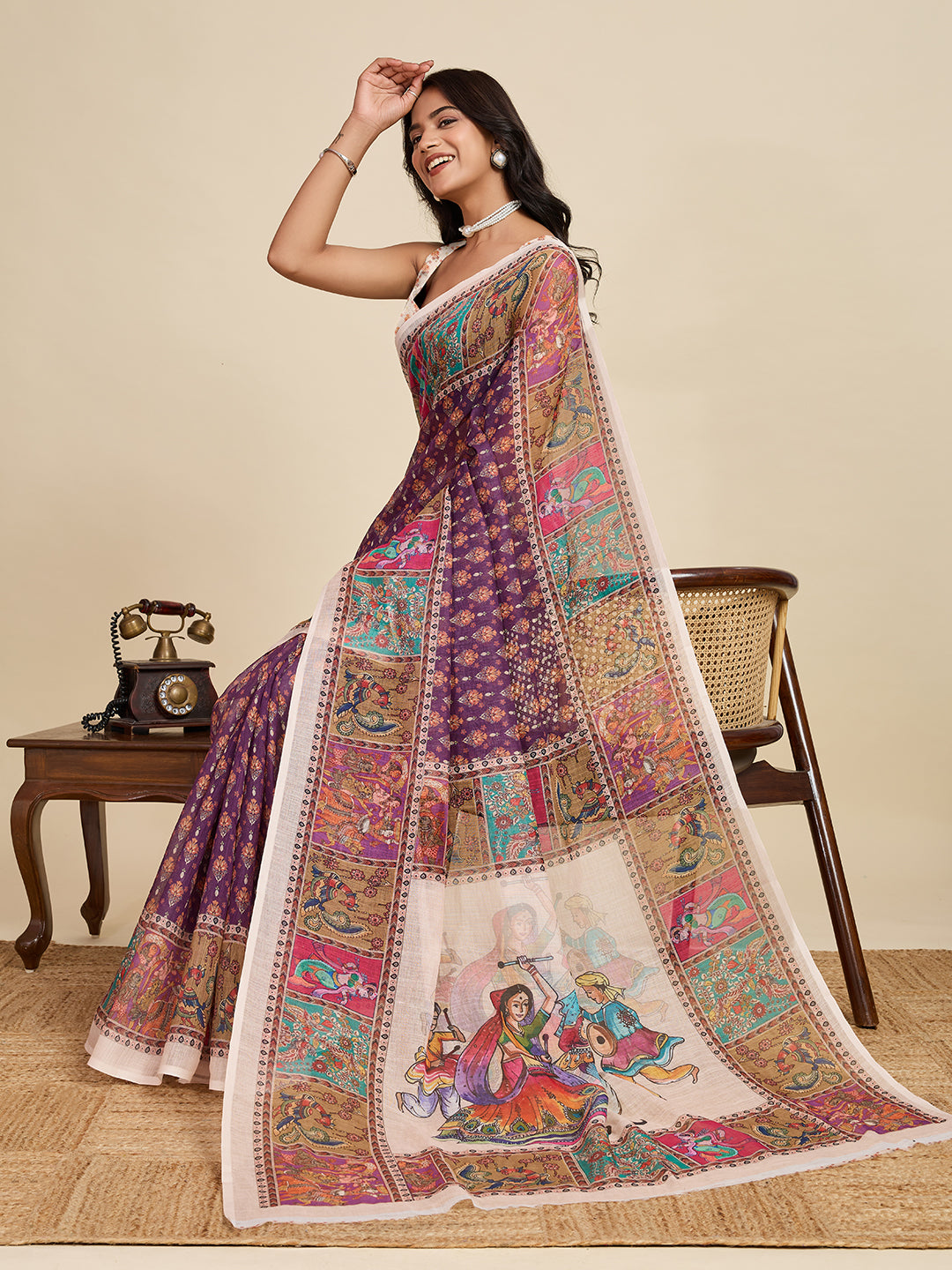 Women's Purple Color Linen Saree with Jari Border and Blouse – Printed All Over Designer