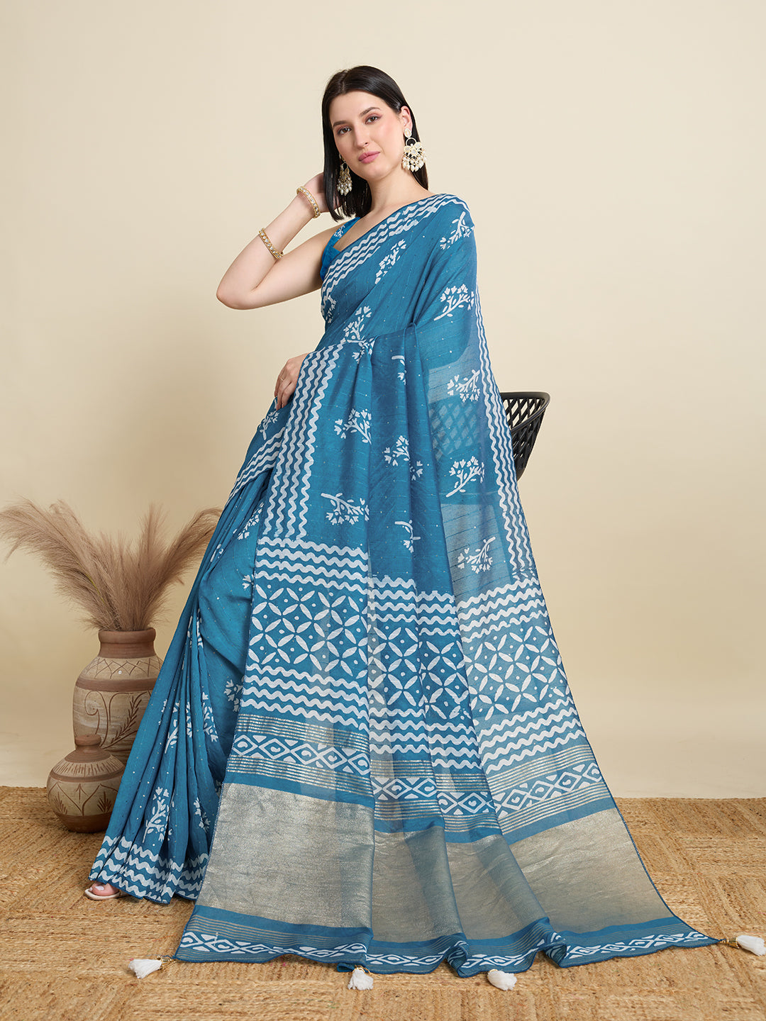 Blue Semi-Cotton Sequin Saree – Elegant Choice for Intimate & Grand Weddings