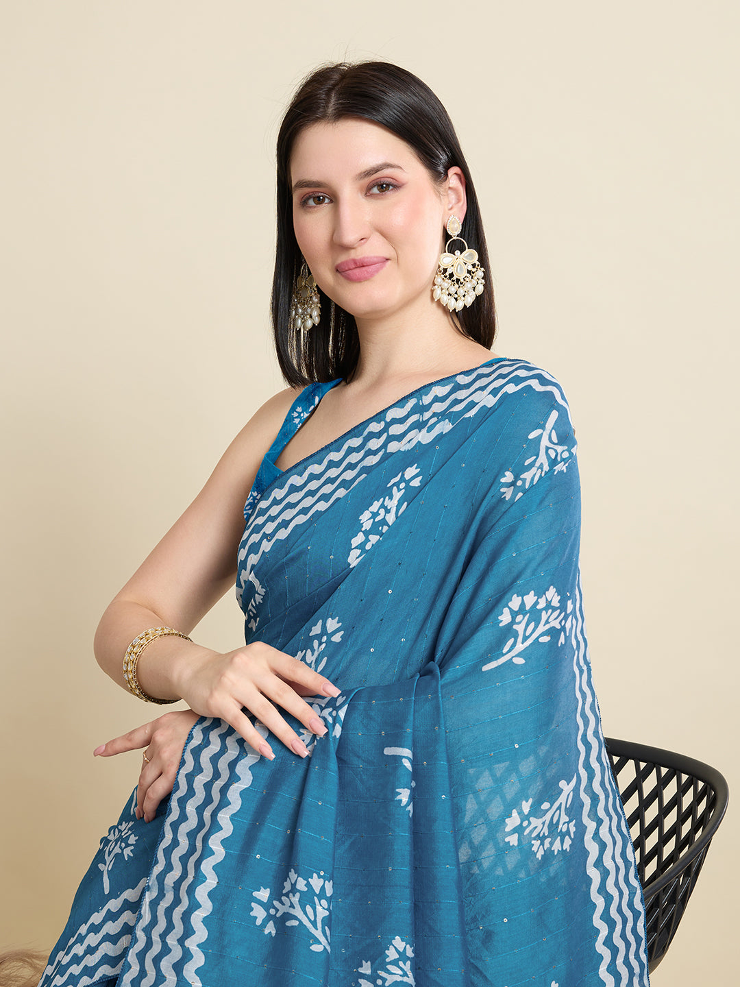 Blue Semi-Cotton Sequin Saree – Elegant Choice for Intimate & Grand Weddings