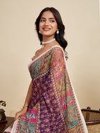 Women's Purple Color Linen Saree with Jari Border and Blouse – Printed All Over Designer