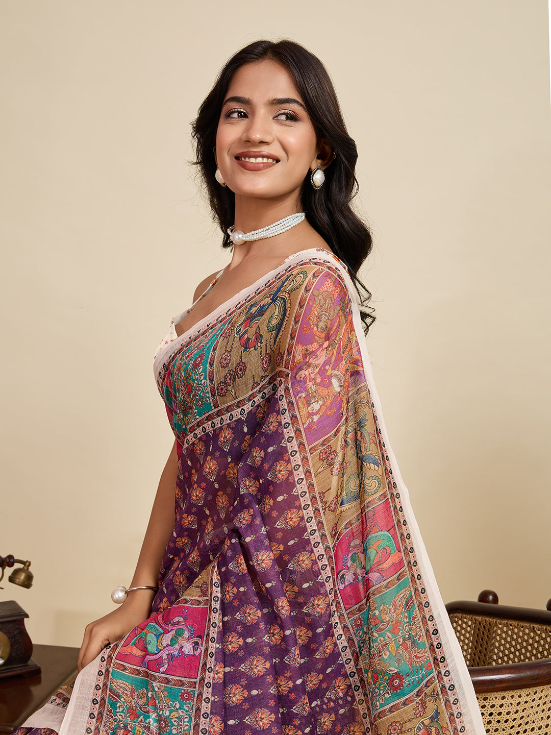 Women's Purple Color Linen Saree with Jari Border and Blouse – Printed All Over Designer