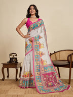 Women's BEIGE Linen Saree with Jari Border and Blouse – Printed All Over Design