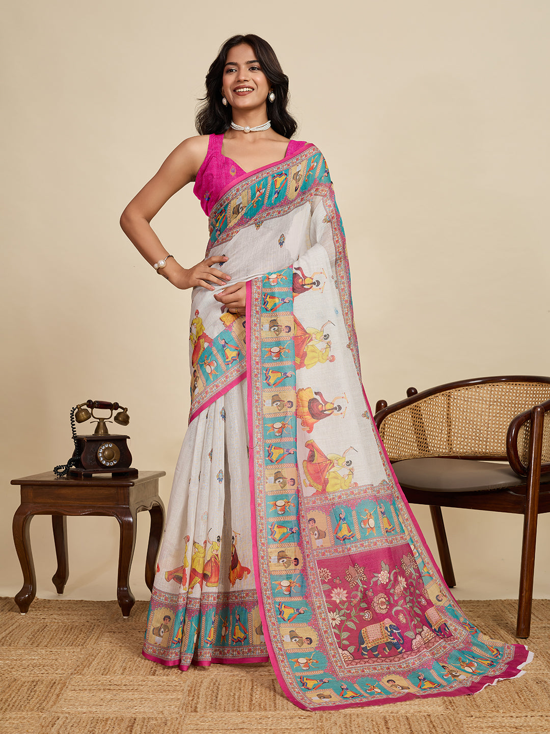 Women's BEIGE Linen Saree with Jari Border and Blouse – Printed All Over Design