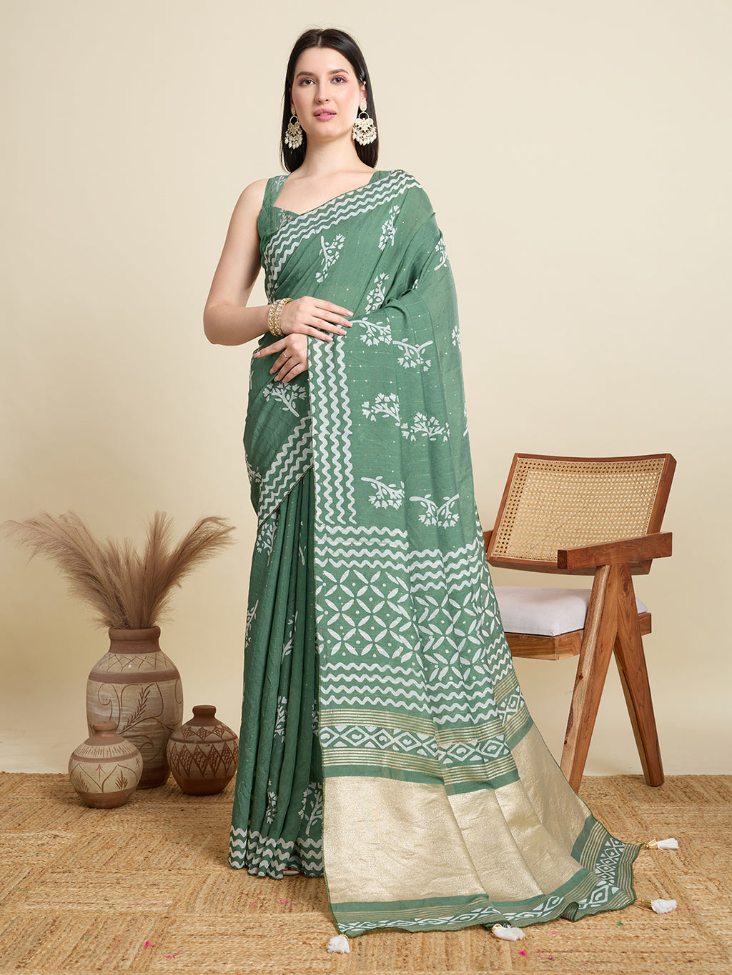 Rama Green Semi-Cotton Sequin Saree – Elegant Choice for Intimate & Grand Weddings