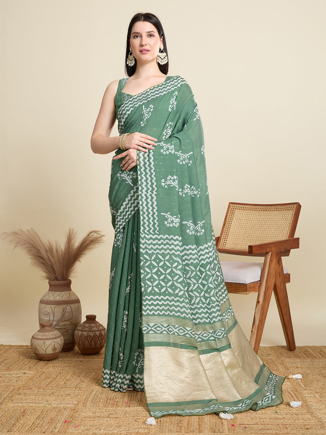 Rama Green Semi-Cotton Sequin Saree – Elegant Choice for Intimate & Grand Weddings