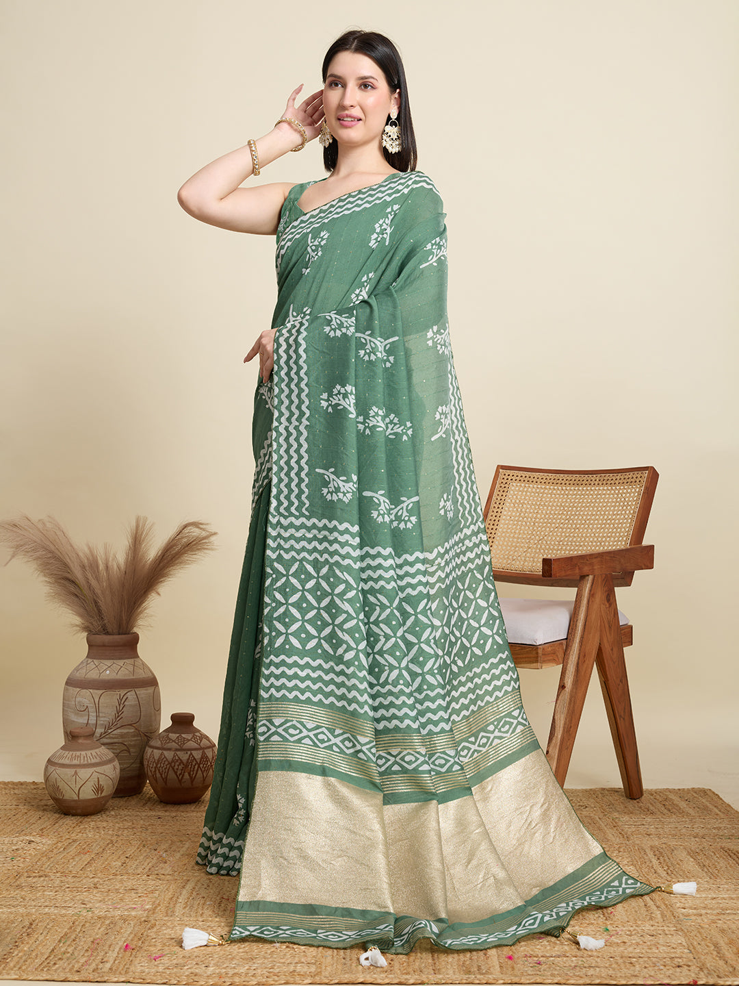 Rama Green Semi-Cotton Sequin Saree – Elegant Choice for Intimate & Grand Weddings
