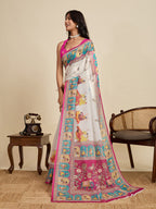 Women's BEIGE Linen Saree with Jari Border and Blouse – Printed All Over Design