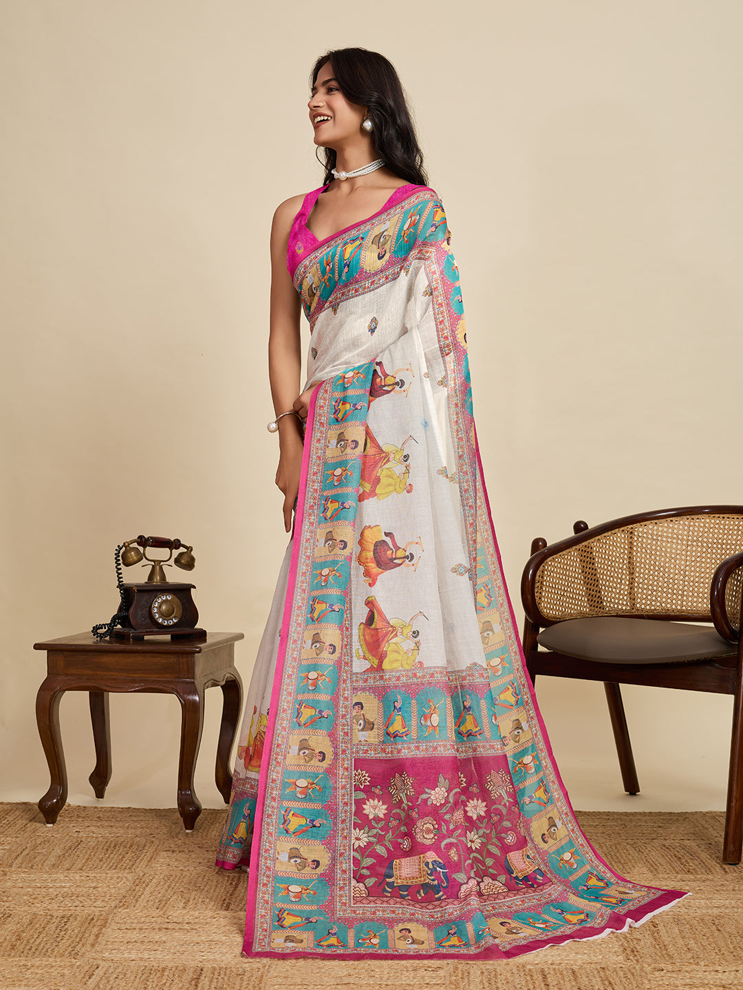 Women's BEIGE Linen Saree with Jari Border and Blouse – Printed All Over Design