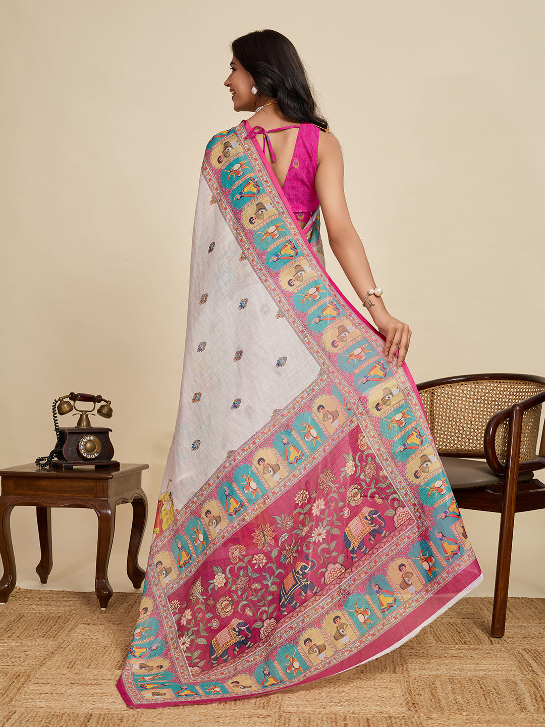 Women's BEIGE Linen Saree with Jari Border and Blouse – Printed All Over Design