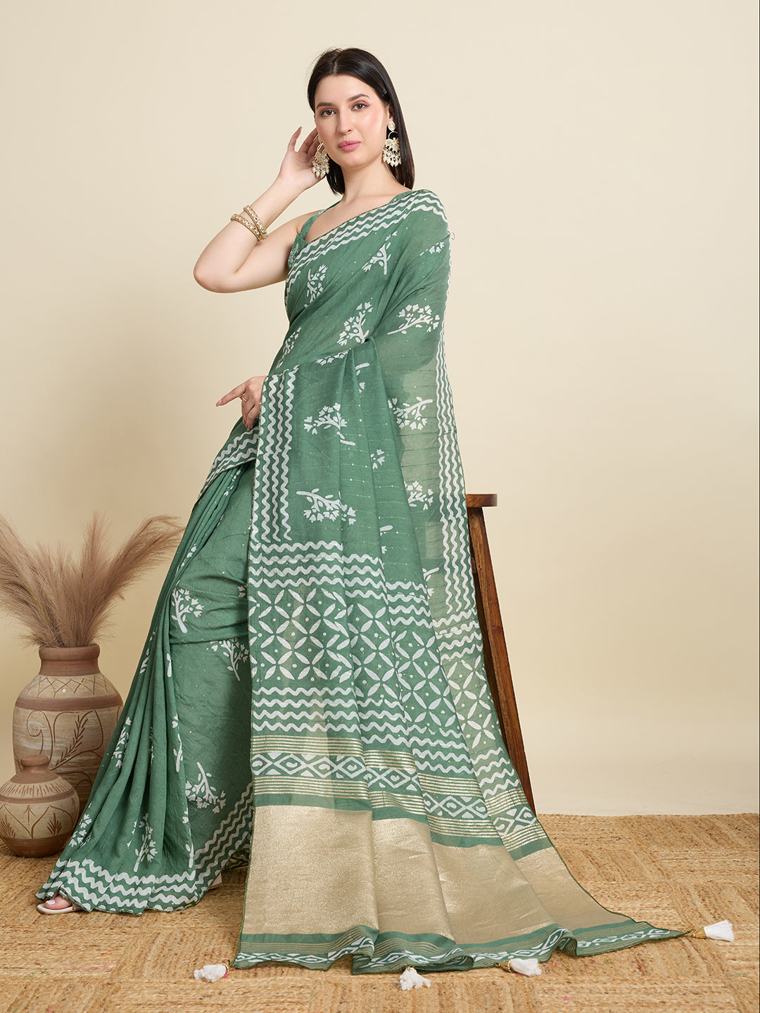 Rama Green Semi-Cotton Sequin Saree – Elegant Choice for Intimate & Grand Weddings