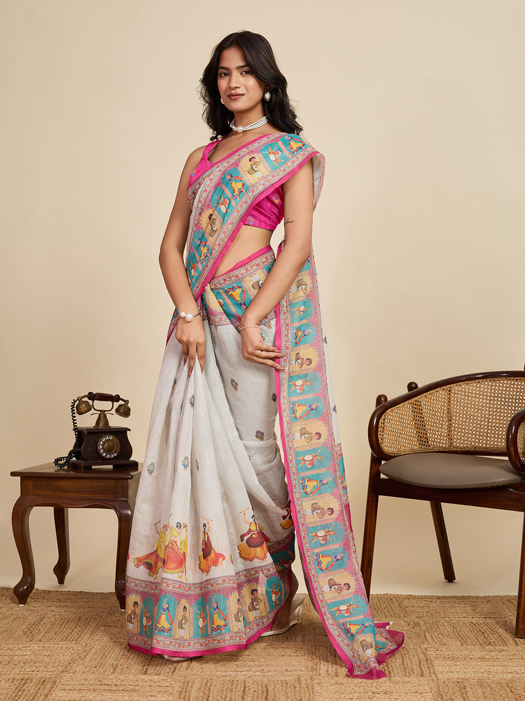 Women's BEIGE Linen Saree with Jari Border and Blouse – Printed All Over Design