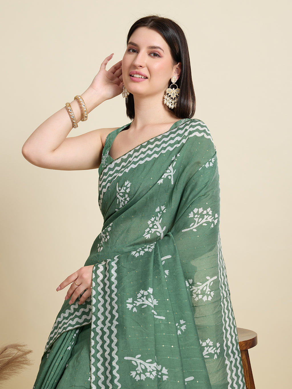 Rama Green Semi-Cotton Sequin Saree – Elegant Choice for Intimate & Grand Weddings